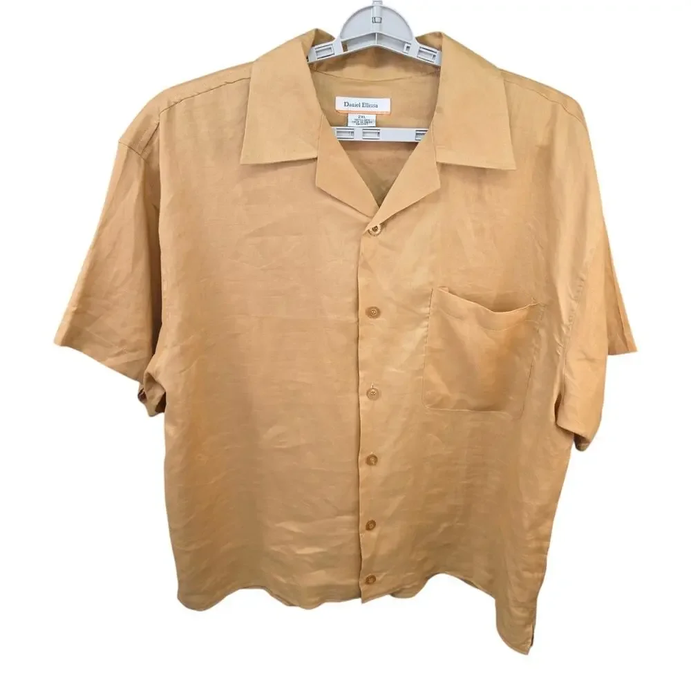 Daniel Ellissa Mens 2XL 100% Linen Camp Shirt Tan Button Up Short Sleeve Casual